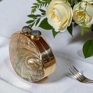 Iridescent Abalone Shell Gold Tone Frame Cabochon Snap Closure Minaudière Clutch